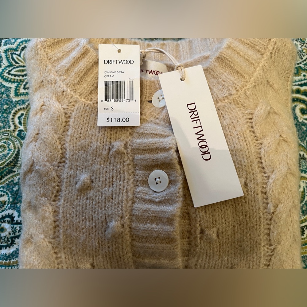 Driftwood x Free People Cream Floral Embroidery Cable Knit Sweater Size S NWT - Picture 6 of 6